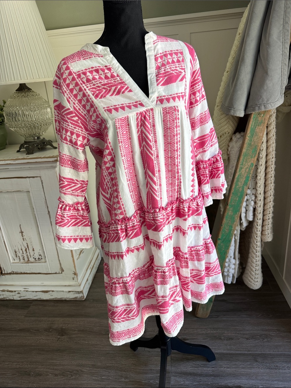 THML pink and white embroidered tiered dress/swim coverup - size S